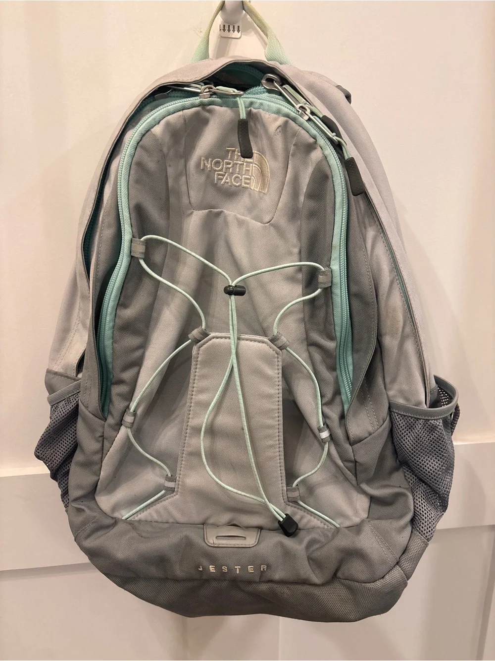 The North Face Backpack in Light Gray with Mint Accents